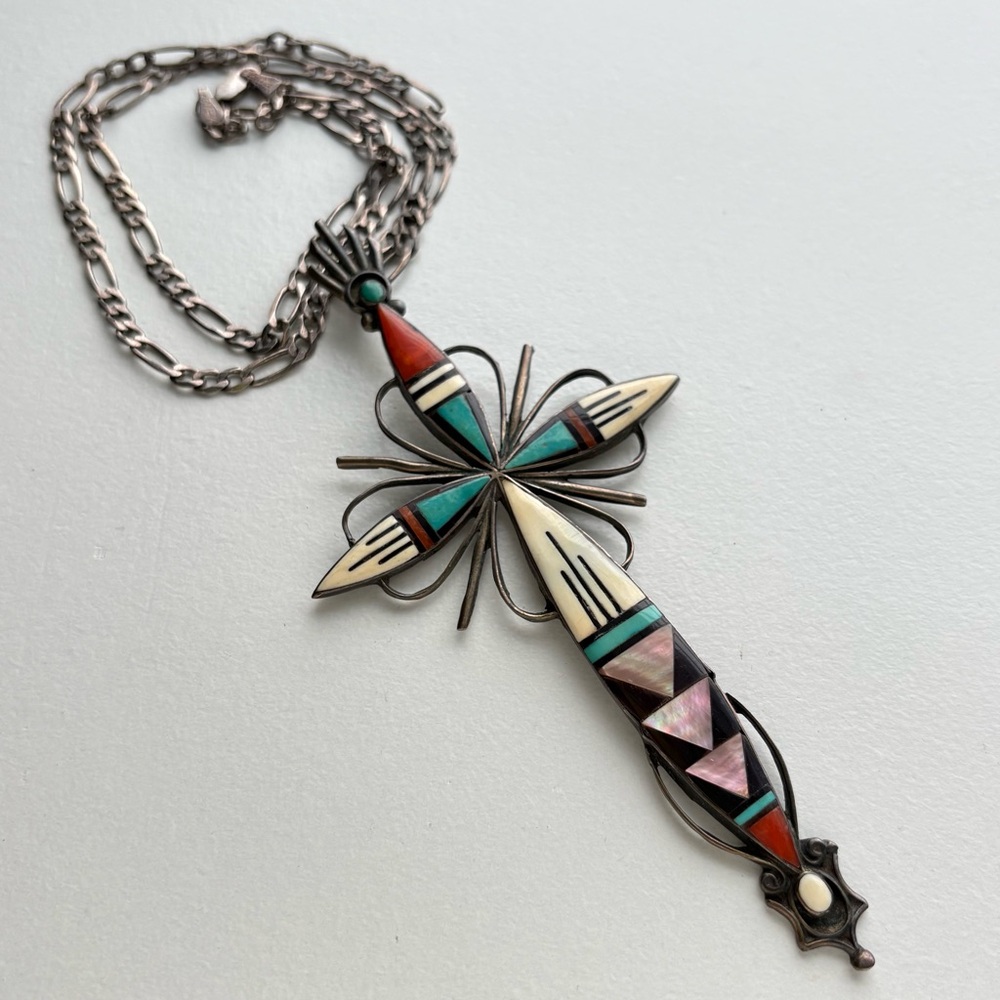Sterling Zuni Adeline Bownannie Turquoise MOP Onyx  Coral inlay mosaic cross - Picture 3 of 16